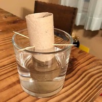 Image of a toilet paper roll in a glass of water like it's going to sprout a seed of toilet paper.
