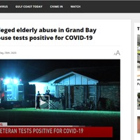 A screenshot of a news clip with the title "victim of alleged elderly abuse in Grand Bay boarding house tests positive for COVID-19".