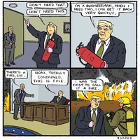 A four panel satire comic on how President Trump handled the Covid-19 pandemic.