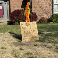 A wooden sign in a front yard reading "Honk to wish Paige Happy 16th Birthday".