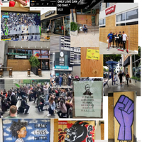 This is a collage of different pictures and signs advocating for the Black Lives Matter movement. Some depict George Floyd, while others show protesters in action. 