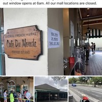 Screen shot of a Facebook post by Café Du Monde. The Facebook post says "Café Du Monde on Decatur Street is open for take outs only 24 hours a day. The drive thru at our free standing locations are open regular hours. The City Park Café Du Monde take out window opens at 6am. All our mall locations are closed."