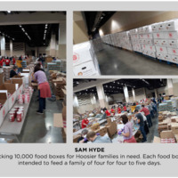 Photo of people packing boxes of food.