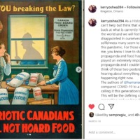 An Instagram post with an image of a cartoon of two people with several bags of food and text that says "Are you breaking the law? Patriotic Canadians will not horde food". The caption discusses the poster's thoughts on food hoarding.