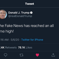 Tweet from @realDonaldTrump with text saying, "The Fake News has reached an all time high!"