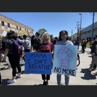 A photo of a woman holding a sign that says "mama I can't breathe" next to a woman holding a sign that says "no more".