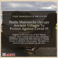 This is a picture taken of a painted canoe beached on the shore of a body of water. A caption reads "For immediate release: Haida Matriarchs Occupy Ancient Villages to Protect Against COVID-19. Eighty to 95 percent of the Haida people were wiped out by the smallpox Epidemic purposely introduced to Haida Gwaii to destroy our people. We plan to survive this pandemic at all cost." 