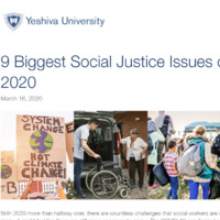 Screenshot from Yeshiva University webpage.  Triptych image of protesters holding saigns that say "system change, not climate change"; second image is of man unloading wheelchair from a van; third image is group of people with backpacks.  Text above reads, "9 Biggest Social Justice Issues of 2020".