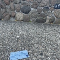 This is a picture of a discarded mask next to a stone wall on a concrete walkway.