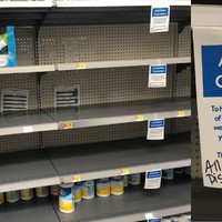 Two images, one of a mostly empty grocery store shelf. The other is a sign which reads attention customers to help serve as many members of the community as possible, we respectfully ask you to limit your purchase to one per item, all disinfecting wipes.