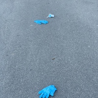 Two gloves and one mask on the ground. 