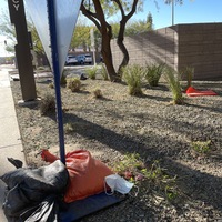 This is a picture of a traffic sign weighed to the ground by an orange sand bag, with a discarded face mask resting at its base. 