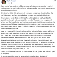 Screenshot of a facebook post discussing an actors decision to return to shows and rehearsals.