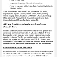 Screenshot of an Arizona State University (ASU) email that shows new travel guidelines for students and staff. The email also includes events being canceled on campus and employment practices during COVID-19. 