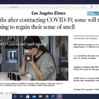 Screen shot of Los Angeles Times website article.  Headline reads, "Months after contracting COVID-19, some will try anything to regain their sense of smell."