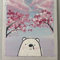 A photo of painting of a white bear standing under Cherry Blossom Trees.