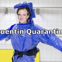 A meme showing Quentin Tarantino dressed up in a blue hazmat suit that has the words Quentin Quarantino displayed across his chest. 