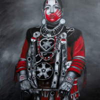 This is a picture of a piece of artwork depicting a Native American woman in traditional ceremonial clothing. 