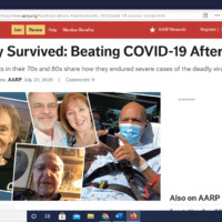 Screenshot of AARP web article.  Image shows four separate pictures of older adults.  Headline reads, "They Survived: Beating COVID-19 After 70".